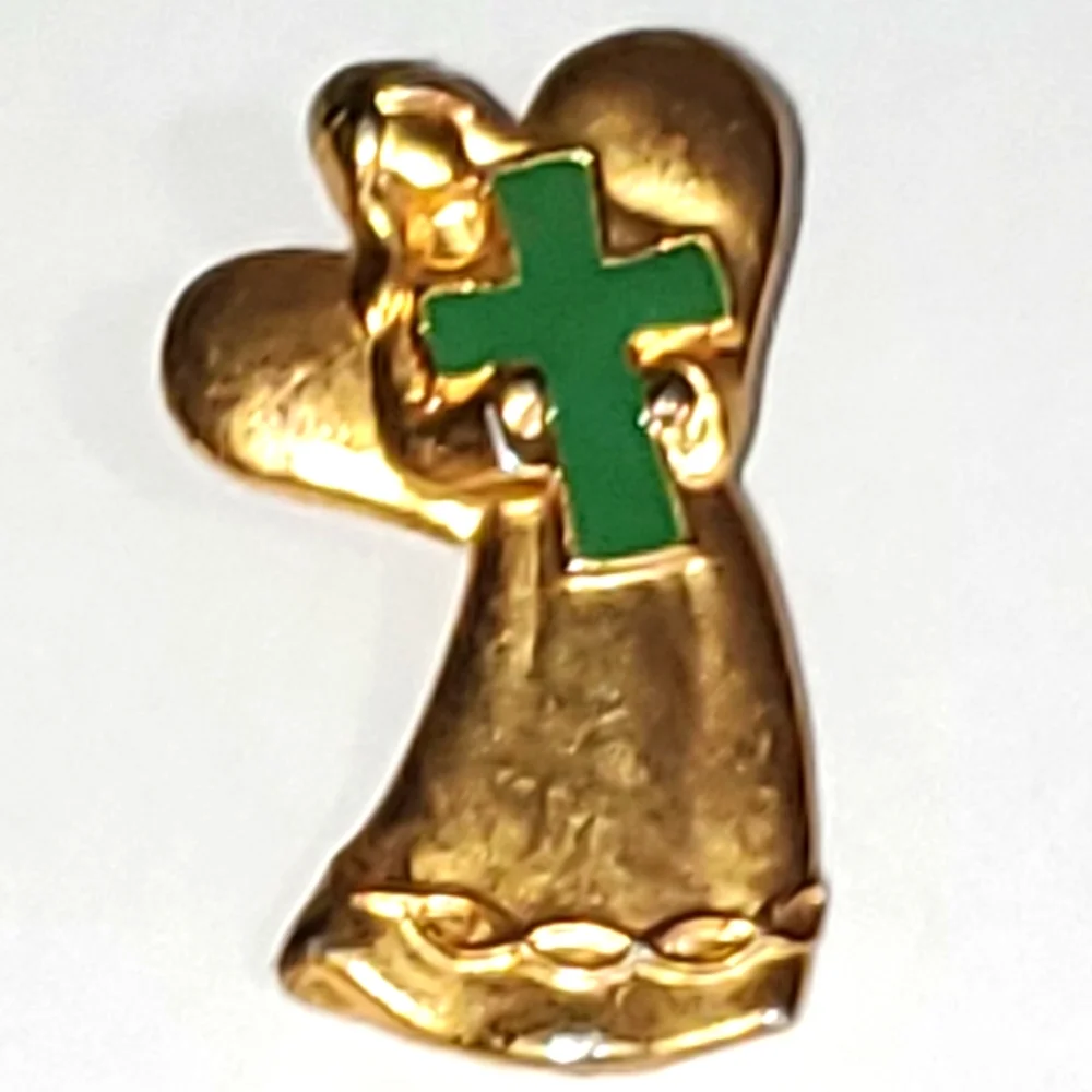 Golden Angel Holding an Irish Blessing Green Cross Brooch Pin